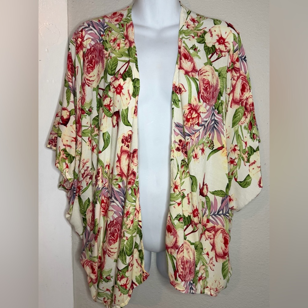 Janice Cream Floral kimono cardigan Women One Size Fits M
